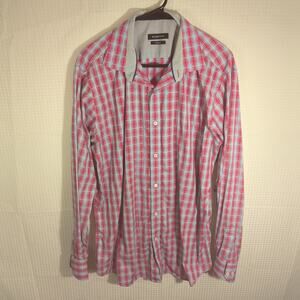 Bugatchi Classic Fit Shirt Mens XL Red Blue Plaid Long Sleeve 100% Cotton Casual